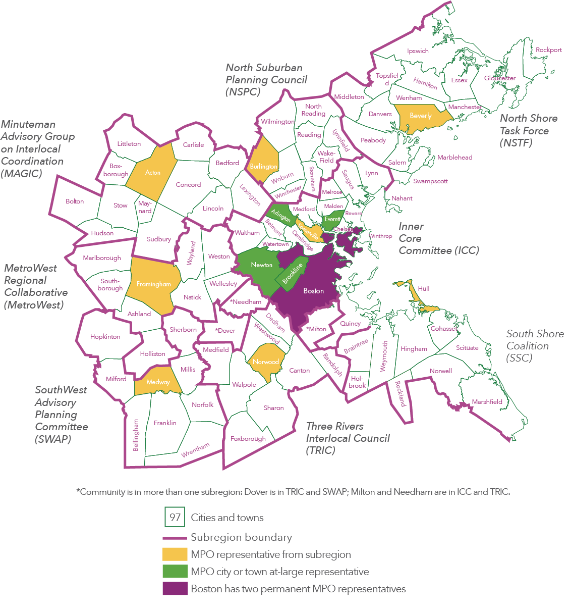 A map showing the 97 cities and towns that make up the Boston Region, including the eight subregions communities are grouped into.